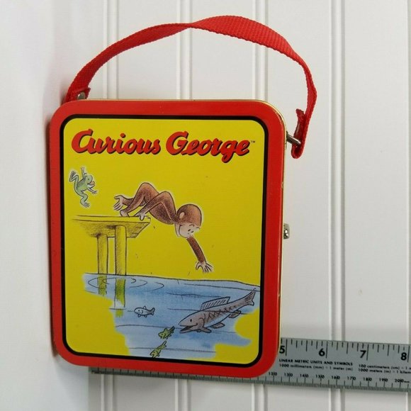 Vintage Mini Metal Lunchbox Curious George Fishing Theme Case Woven Handle - Picture 1 of 10